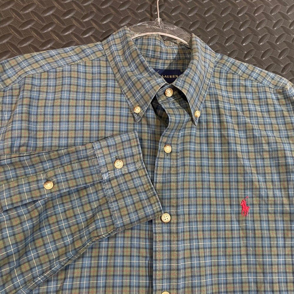 Polo Ralph Lauren Blue Green Checkered Button Up Shirt Men Size Large Red Pony